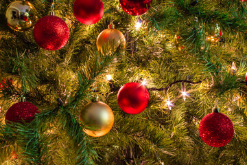 Navidad, Esferas, rojo, dorado, &aacute;rbol 