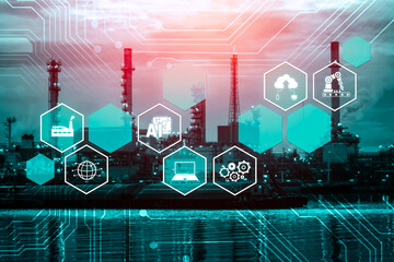 Industry 4.0 technology concept - Smart factory for fourth industrial revolution with icon graphic...