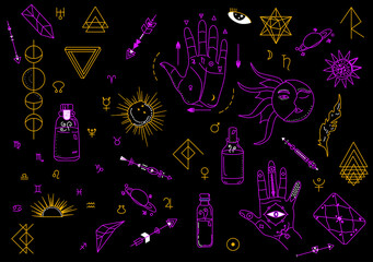 Magic and witchcraft symbols.Indian astrology and palmistry signs.Planets,moon phases and geometric runes in doodle style.Fortune telling, paranormal reality,personal horoscope.Love potions.Vector