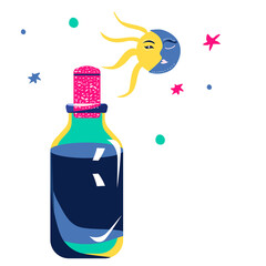 Magic elixir or love potion in glass vial with cork.Spell and witchcraft.Wiccan or astrology symbols,cosmos,space atmosphere.Trendy colors.Vector in flat style.Alchemist mystery tool.