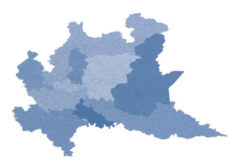 Lombardy map, division by provinces and municipalities. Closed and perfectly editable polygons, polygon fill and color paths editable at will. Levels. Political geographic map. Italy
