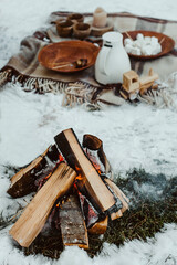 Winter Picnic. Bonfire in the snow on the background of plaid and dishes. Vertical image.