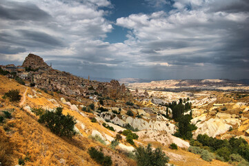 Ancient troglodyte village of Uchisar, in Cappadocia (Central Anatolia, Turkey). Fairy Chimneys