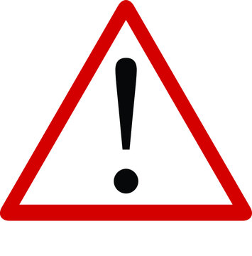 Red Triangle with exclamation point for warning or caution with white base and transparent background.