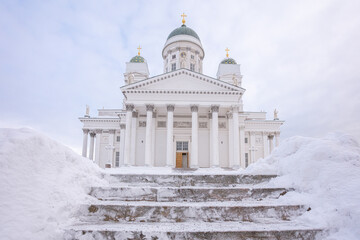 White Church in the snow in winter, on Senate Square in Helsinki.