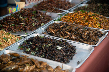 Salt-fried insects in food at Thai markets, this type of food is popular with Thai peoples..