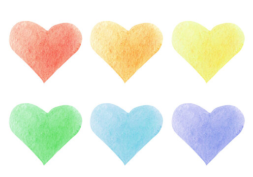 Hand drawn watercolor heart set. Rainbow hearts collection isolated on white background. Romantic design element for wedding invitation, Valentines day card, gay hearts, pride 
