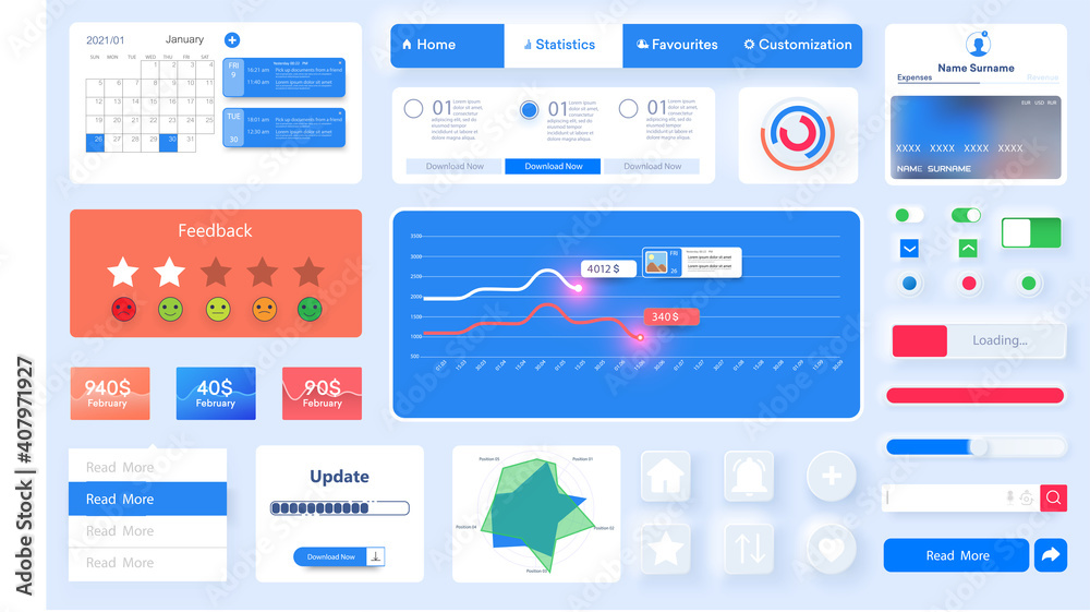 Poster ui, ux kit for mobile app and websites vector design template. unique neumorphic ui ux design kit. m