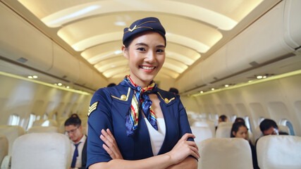 Cabin crew or air hostess working in airplane . Airline transportation and tourism concept.