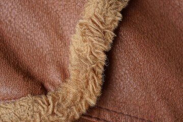 Fototapeta na wymiar brown leather texture with a seam and a strip of fur on the clothes