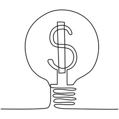 Light bulb with icon Dollar symbol Continuous line drawing .   Single line Concept money and business ideas. Trendy minimslistic style. Vector illustration.