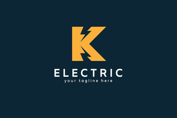 Electric Logo, letter K with lightning bolt icon inside, tunder bolt design logo template, vector illustration
