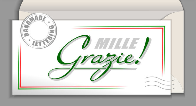 Handwritten Italian language lettering Grazie mille - Thank you very much. Italy vector calligraphy phrase Thank You so much isolated on white envelope card