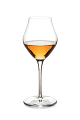 Amber sweet wine or italian wine passito in glass isolated on white background in silhouette