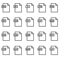 Vector illustration. Types of electronic documents. Paper sheet icons set, paper format.