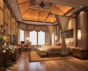 3d render of modern hotel room, bedroom