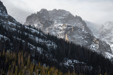 View of a mountain peak between a valley in the winter in Rocky Mountain National Park in Colorado. Other peaks can be seen along with a forrest of trees and a cloudy sky.