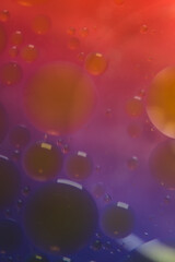 Blurred soft focus of oil spheres in water with color transition from red to blue tones for colorful background