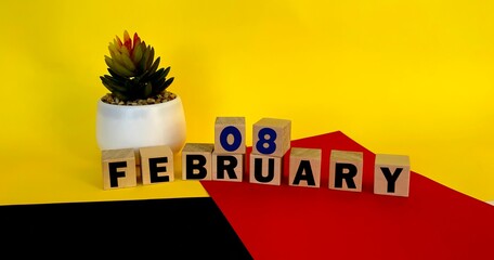 February 8 on wooden cubes on a multicolored yellow red black background.Calendar for February .