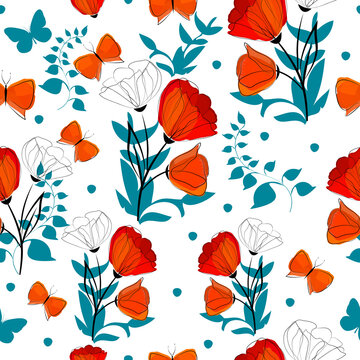 A seamless background with red and blue flowers and leaves. Print with poppies and butterflies. Vector illustration