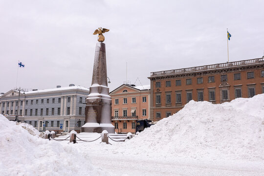 Finland, Helsinki. January 26, 2021 Stele of the Empress at Kauppatori Square in Helsinki