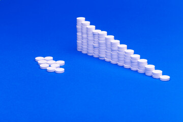 Close up pyramid concept of white pills on blue background with copy space. Focus on foreground, soft bokeh. Pharmacy drugstore concept.