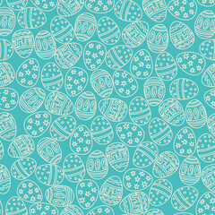 Easter seamless pattern with Easter eggs as lace on a blue background. Vector flat design illustration in doodle style for invitations, prints, wrapping paper, etc. For Happy Easter.