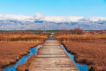 Boardwalk through flooded space, Nin town, Croatia.