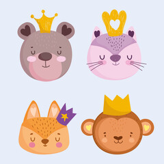 cute bear cat monkey and fox with crown animals faces cartoon icons set