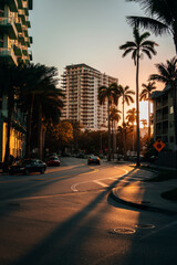 trees at sunset city buildings palms Miami Florida cars 