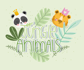 jungle animals text with panda tiger leaves nature