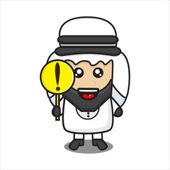 cute arab boy mascot with caution sign, arab man character with cute mustache on white background vector eps 10