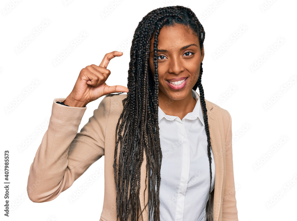 Poster african american woman wearing business jacket smiling and confident gesturing with hand doing small