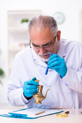 Old senior archaeologist working in the lab