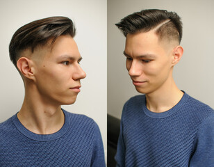 Fototapeta premium Young man with modern short haircut in beauty salon