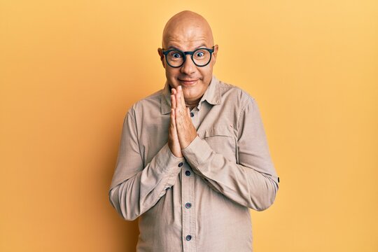 Middle age bald man wearing casual clothes and glasses praying with hands together asking for forgiveness smiling confident.