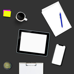 Top view over the tablet smartphone computer notebook with office style.