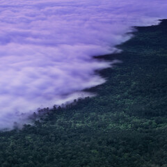 Panoramic view of the clouds in the mountains at sunrise.