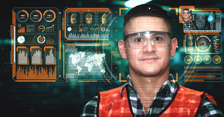 Facial recognition technology for industry worker to access machine control . Future concept interface showing digital biometric security system that analyze human face to verify personal data .