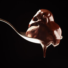 Closeup of spoon with hot chocolate isolated on black background