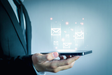 Businessman people are using Message innovative technology. Mixed media, digital smartphone and online concept.