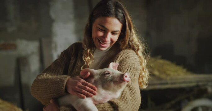 Cinematic shot of young female farmer is caressing with love and care ecologically grown newborn pink piglet used for biological genuine products industry in pigpen of countryside pigs breeding farm.