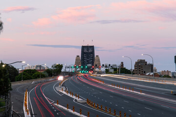 Sunset traffic going into Sydney Harbour Bridge.