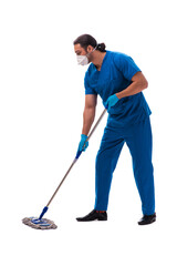 Young male assistant with mop isolated on white