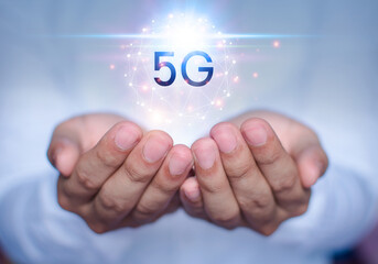 Business people are using innovative technology 5G. Mixed media, digital concepts and connecting the world.