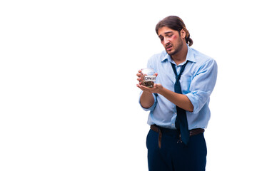 Unhappy young male employee in bankruptcy concept