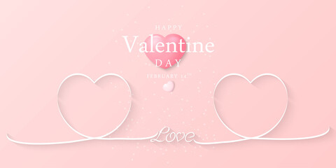Obraz na płótnie Canvas Happy Valentine Day.Greeting card pink background with white ribbon hearts shape.