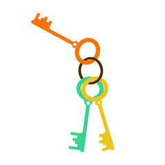 Keychain in 3 keys different colors and style, green, yellow and orange color in white background