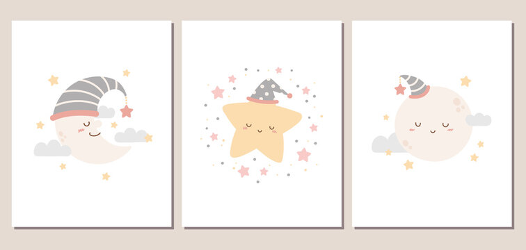 Set of cute moon and star cards or posters for baby shower, invitation, room decoration, and more. Moon and star characters in girly pastel colors.