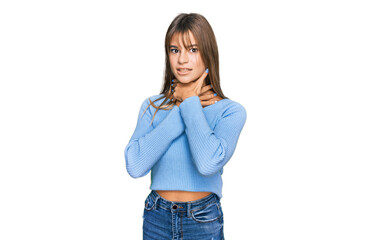 Fototapeta premium Teenager caucasian girl wearing casual clothes shouting and suffocate because painful strangle. health problem. asphyxiate and suicide concept.